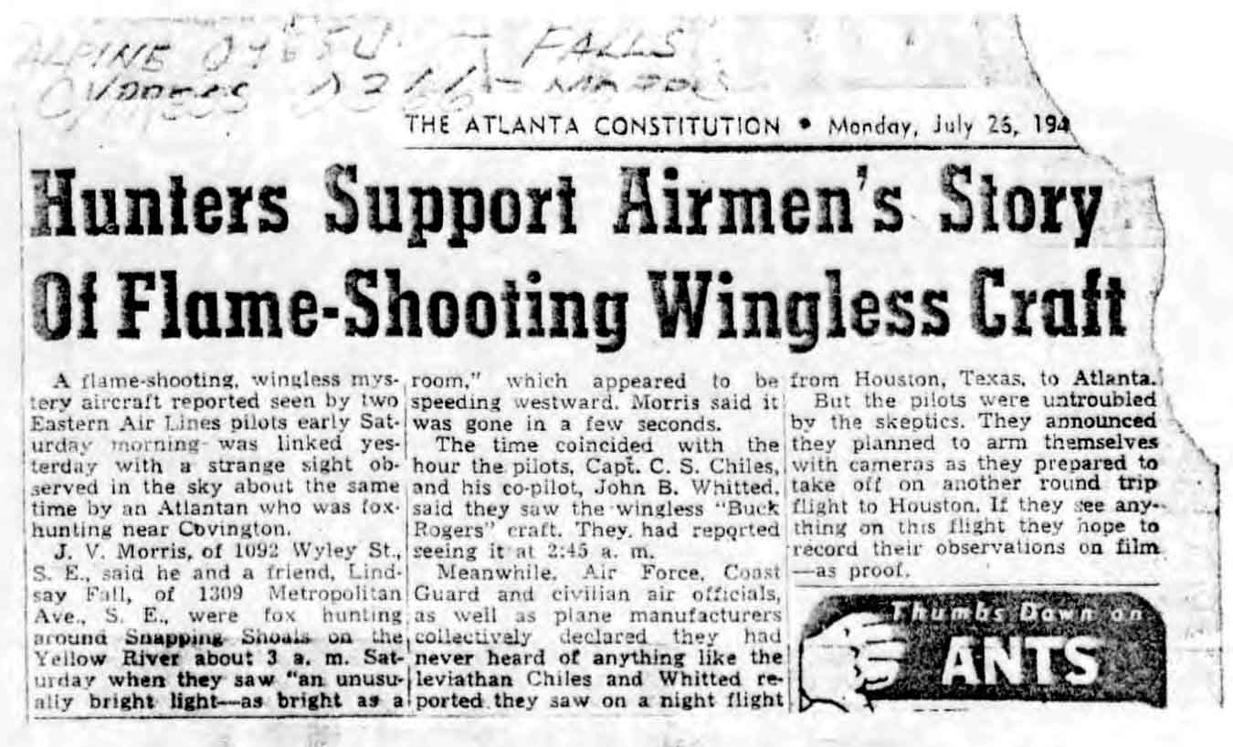 Atlanta Constitution Article about Chiles-Whitted UFO encounter.