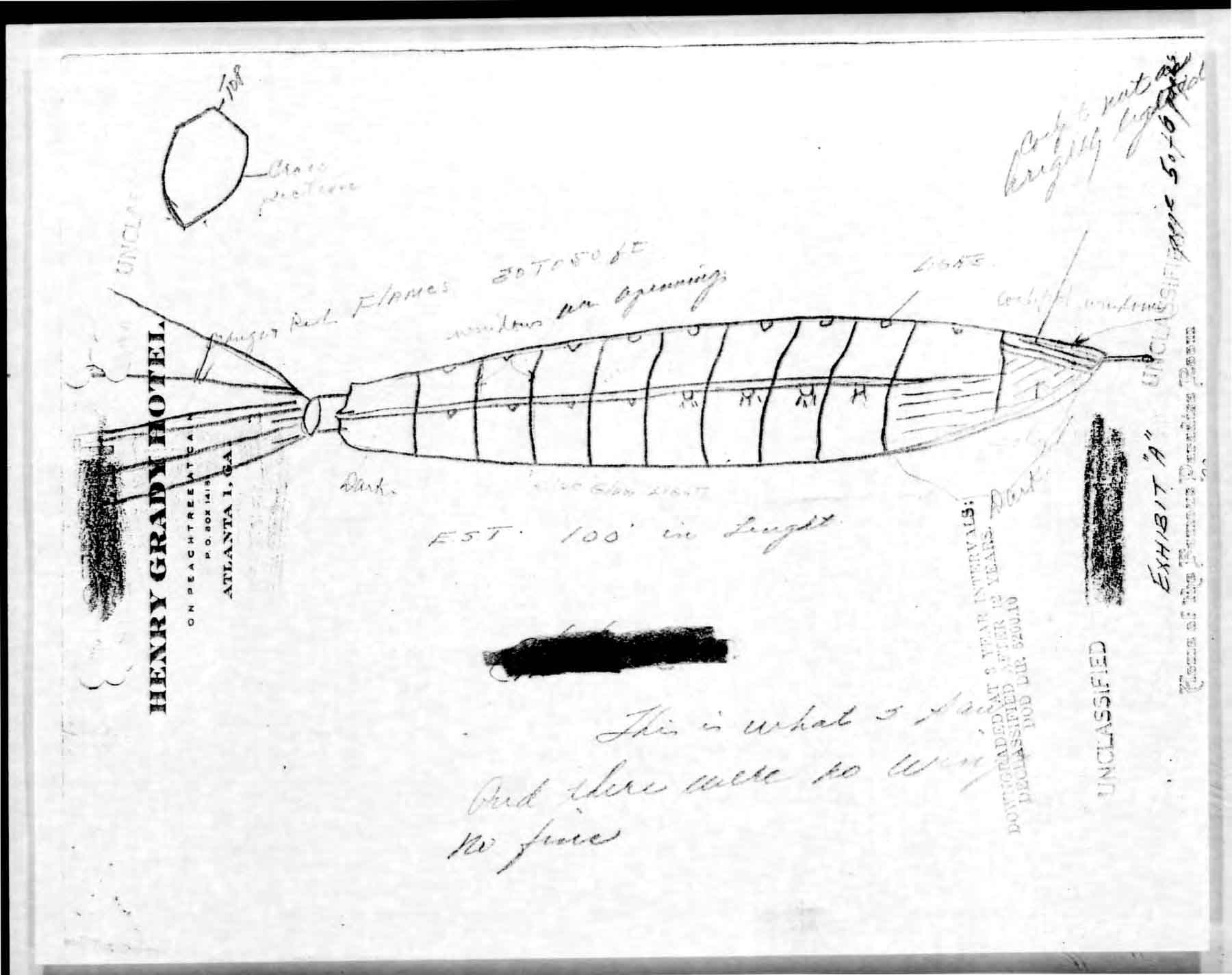Sketch of object witnessed by pilot Chiles, made at an Atlanta hotel on July 26.