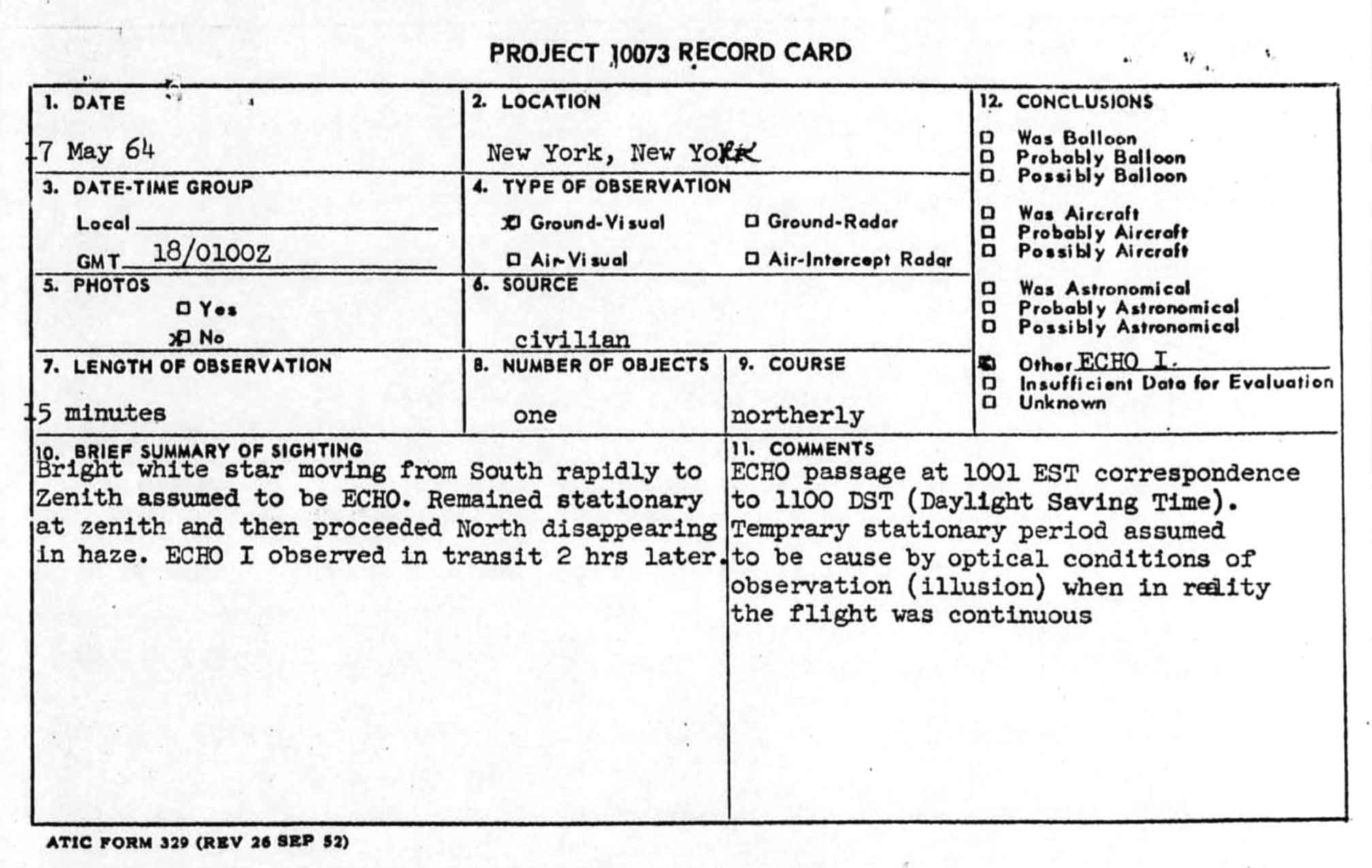 Kubrick Clarke UFO incident - Project Blue Book Case File
