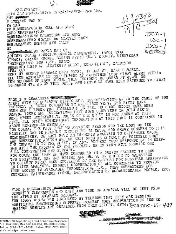 Malmstrom UFO Sighting - Declassified Strategic Air Command Message