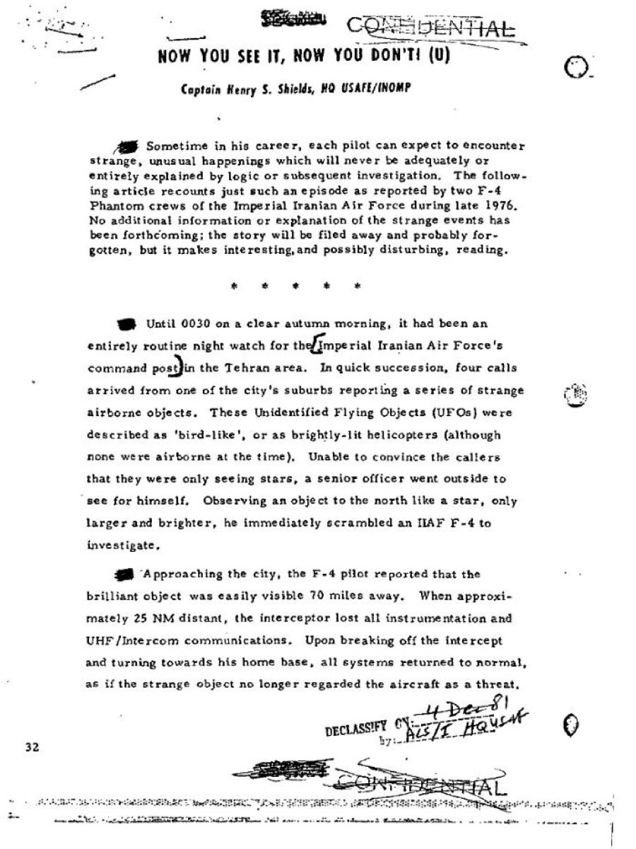 U.S. Air Force newsletter on the Tehran UFO incident in 1976 (page 1).