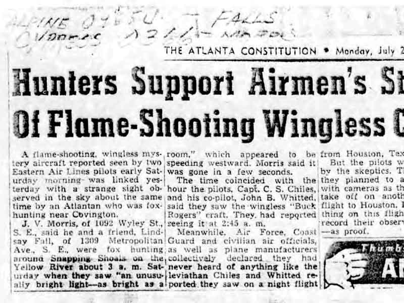 Atlanta Constitution Article about Chiles-Whitted UFO encounter.