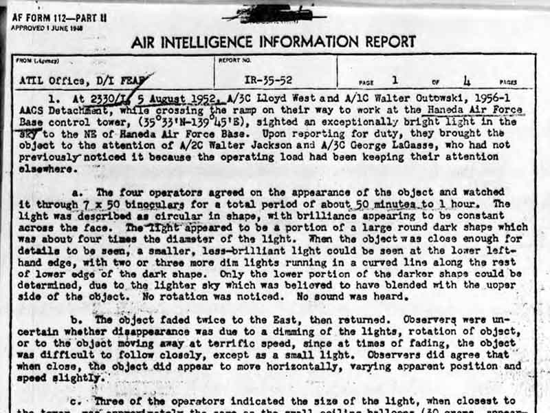 Haneda Air Force Base UFO Incident - Project Blue Book Case File