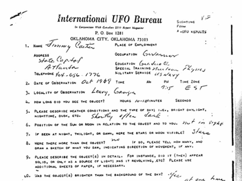 President Carter submitted a report of his 1969 UFO sighting to the International UFO Bureau.