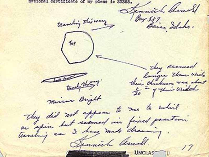 This letter and annotated drawing was submitted to Air Force Intelligence by Kenneth Arnold on July 12, 1947.