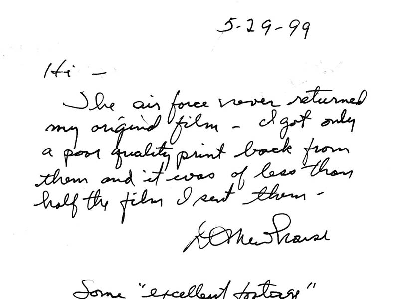 This letter from Delbert Newhouse to Fran Ridge of NICAP recounts how the Air Force returned a poor-quality copy of his original 16mm film, with less than half of the original footage still intact.