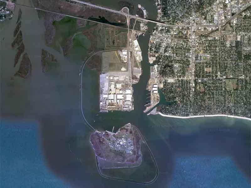 Modern satellite image of the mouth of the Pascagoula River and U.S. Coast Guard Station.