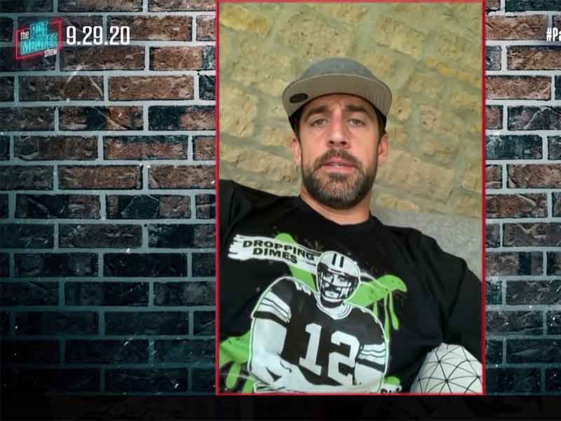 Screenshot of a video of Aaron Rodgers describing a UFO experience on the Pat McAfee Show.