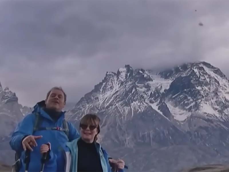 Screen grab of a video that Camila Cabello claims to have taken of her parents while hiking in Patagonia. Two unidentified objects rapidly fly across the screen at different angles.