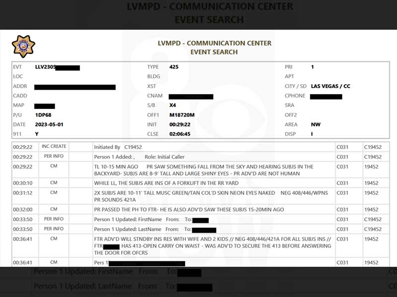 The Las Vegas Metro police dispatcher call log for the incident.