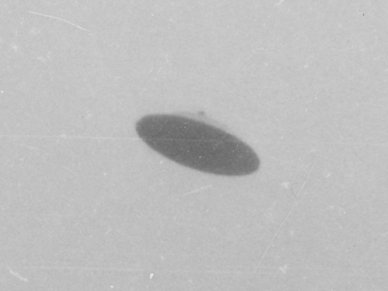 Close up of the UFO in the first of two iconic UFO photos taken by Paul Trent on May 11, 1950, on his family farm near McMinnville, Oregon.