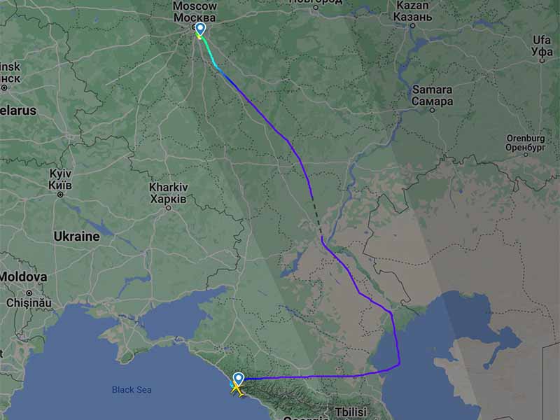 This is the flight path of S7 Airlines flight S72046 on February 2, 2023. The plane crew reported observing a UFO 12 minutes before reaching Volgograd. Taken from a screenshot of the website FlightRadar24.com.